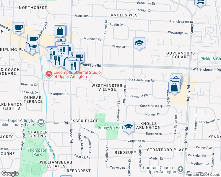 map of restaurants, bars, coffee shops, grocery stores, and more near 4600 Sandringham Drive in Upper Arlington