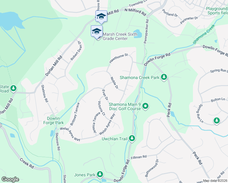map of restaurants, bars, coffee shops, grocery stores, and more near 923 Evan Drive in Downingtown