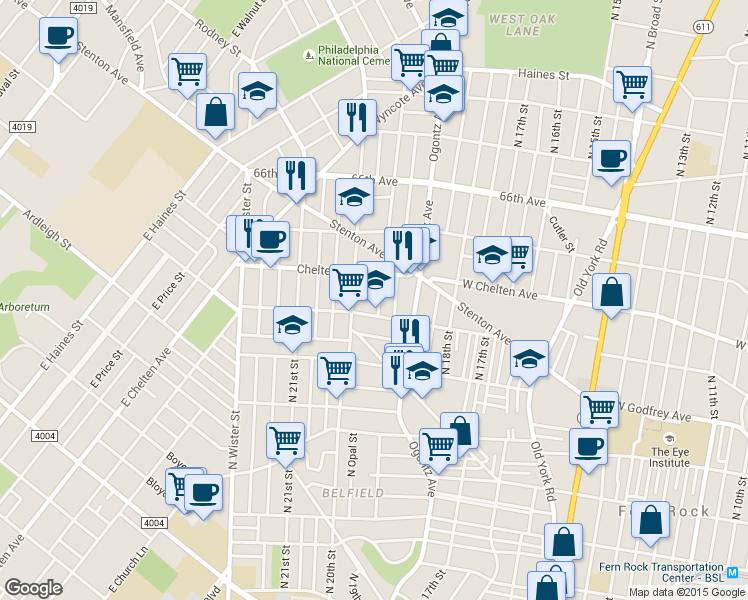 map of restaurants, bars, coffee shops, grocery stores, and more near 6322 North Opal Street in Philadelphia
