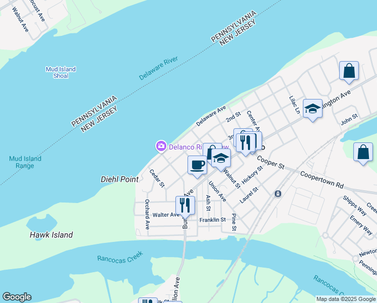 map of restaurants, bars, coffee shops, grocery stores, and more near 200 Union Avenue in Delanco