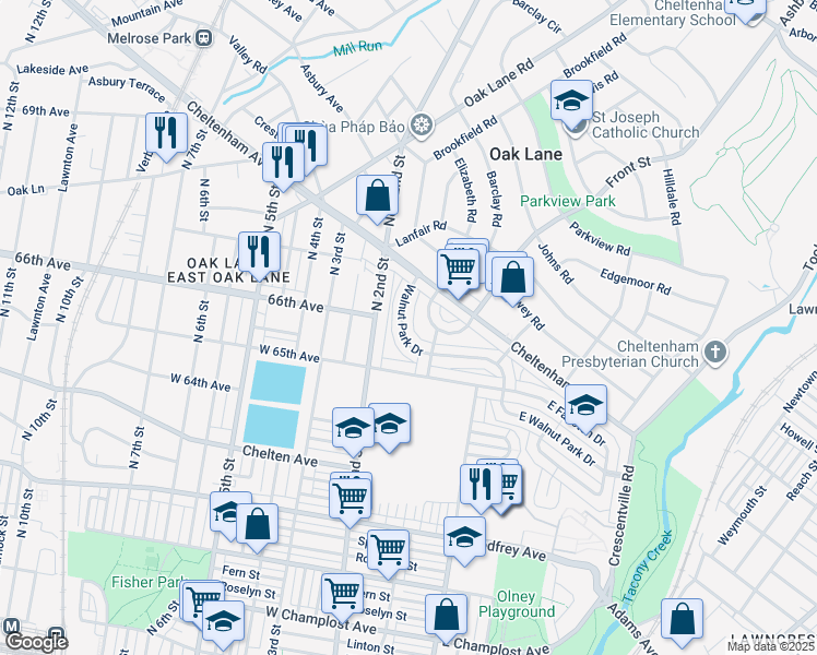 map of restaurants, bars, coffee shops, grocery stores, and more near 6533 Walnut Park Drive in Philadelphia