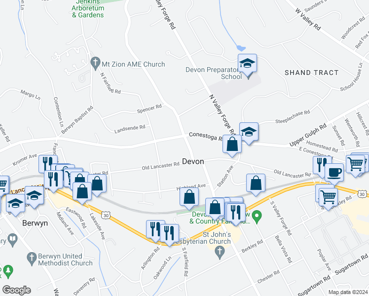 map of restaurants, bars, coffee shops, grocery stores, and more near 214 Devon State Road in Devon