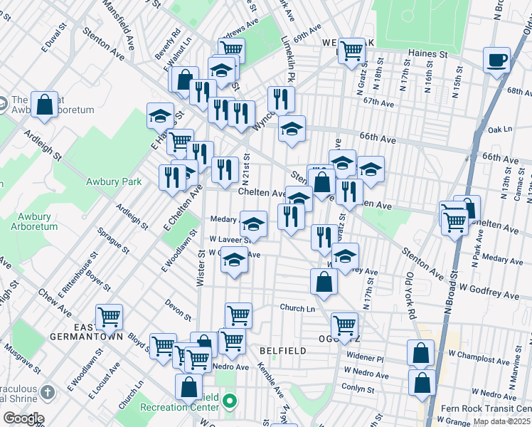 map of restaurants, bars, coffee shops, grocery stores, and more near 6308 North Woodstock Street in Philadelphia