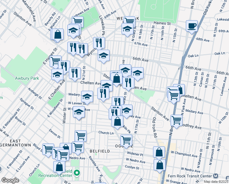 map of restaurants, bars, coffee shops, grocery stores, and more near 6329 North Garnet Street in Philadelphia