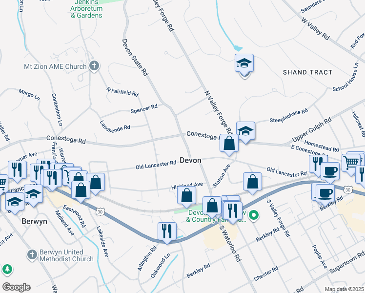 map of restaurants, bars, coffee shops, grocery stores, and more near 214 Devon State Road in Devon