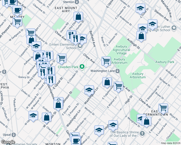 map of restaurants, bars, coffee shops, grocery stores, and more near 6400 Chew Avenue in Philadelphia