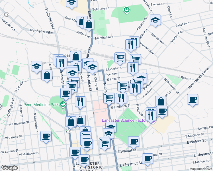 map of restaurants, bars, coffee shops, grocery stores, and more near 817 North Lime Street in Lancaster