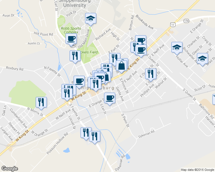map of restaurants, bars, coffee shops, grocery stores, and more near 8 South Penn Street in Shippensburg