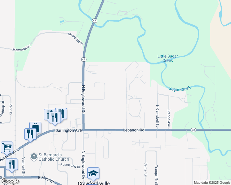 map of restaurants, bars, coffee shops, grocery stores, and more near 801 Corda Boulevard in Crawfordsville