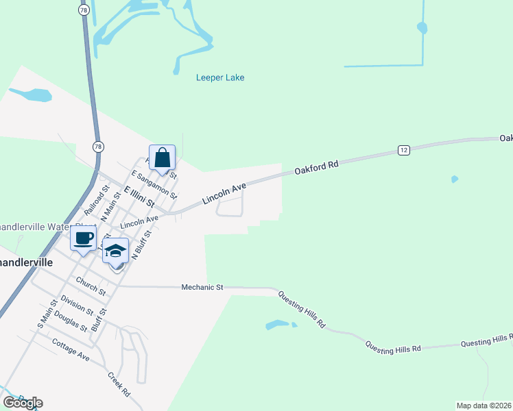 map of restaurants, bars, coffee shops, grocery stores, and more near 2-12 Hillview Dr in Chandlerville