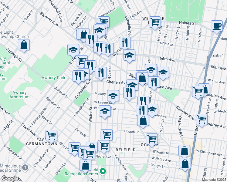 map of restaurants, bars, coffee shops, grocery stores, and more near 2034 East Chelten Avenue in Philadelphia