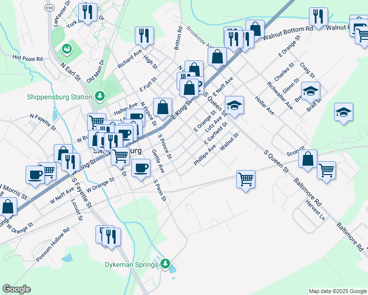 map of restaurants, bars, coffee shops, grocery stores, and more near 222 East Orange Street in Shippensburg