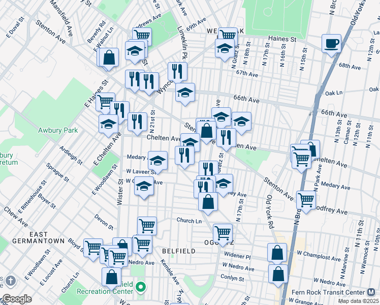 map of restaurants, bars, coffee shops, grocery stores, and more near 6328 North Opal Street in Philadelphia