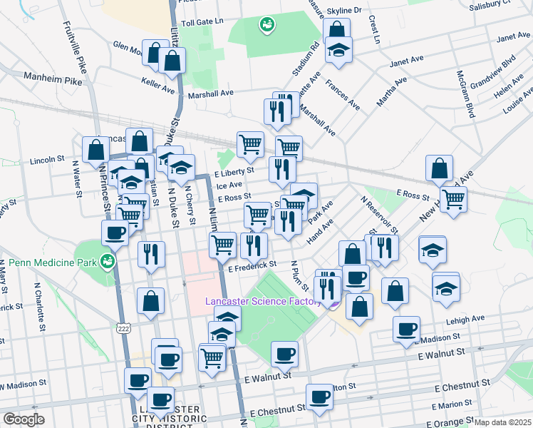 map of restaurants, bars, coffee shops, grocery stores, and more near 325 East Clay Street in Lancaster