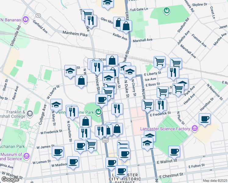 map of restaurants, bars, coffee shops, grocery stores, and more near 833 North Queen Street in Lancaster