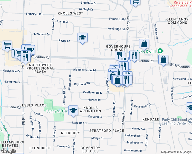 map of restaurants, bars, coffee shops, grocery stores, and more near 1301 Old Henderson Road in Columbus