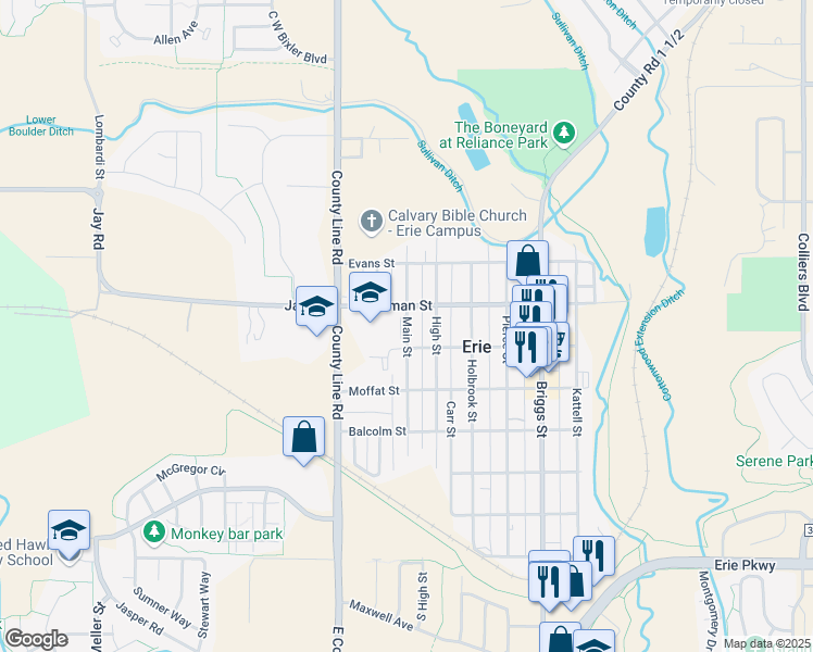 map of restaurants, bars, coffee shops, grocery stores, and more near 650 Main Street in Erie