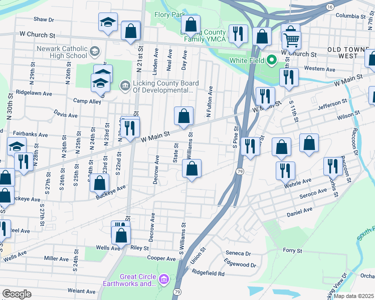 map of restaurants, bars, coffee shops, grocery stores, and more near 43 South Williams Street in Newark