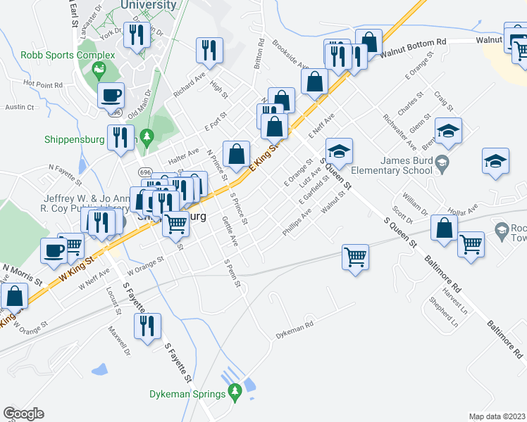 map of restaurants, bars, coffee shops, grocery stores, and more near 216 East Orange Street in Shippensburg