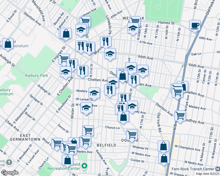 map of restaurants, bars, coffee shops, grocery stores, and more near 6319 Limekiln Pike in Philadelphia