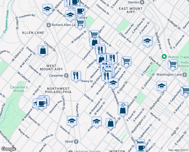 map of restaurants, bars, coffee shops, grocery stores, and more near 48 Westview Street in Philadelphia