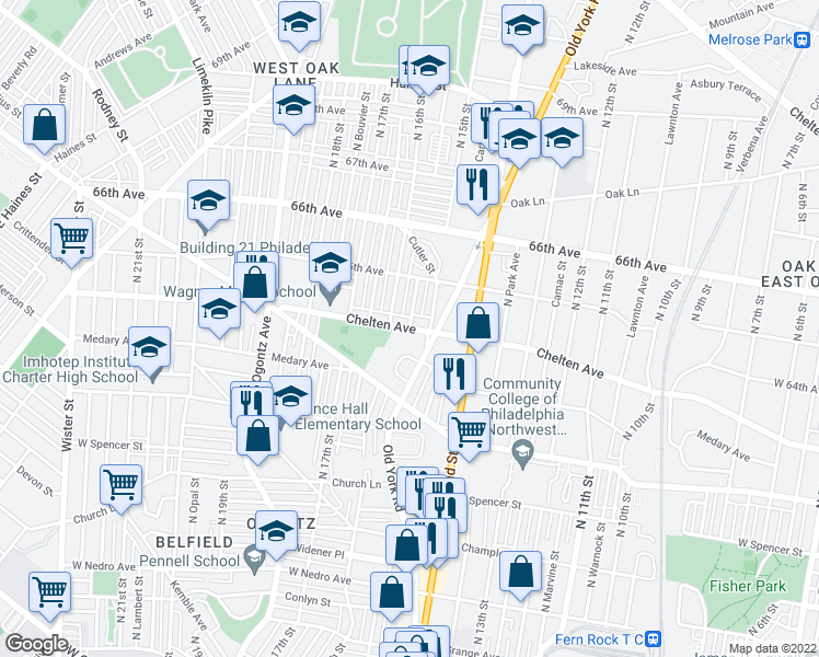 map of restaurants, bars, coffee shops, grocery stores, and more near Chelten Ave & N Sydenham St in Philadelphia