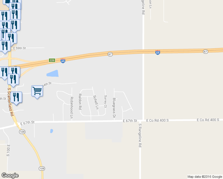 map of restaurants, bars, coffee shops, grocery stores, and more near 6327 Bluegrass Drive in Anderson