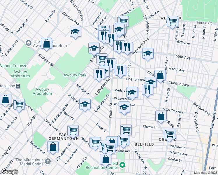 map of restaurants, bars, coffee shops, grocery stores, and more near 1215 East Chelten Avenue in Philadelphia