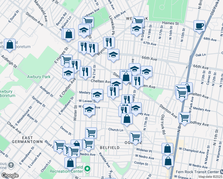 map of restaurants, bars, coffee shops, grocery stores, and more near 6319 Limekiln Pike in Philadelphia