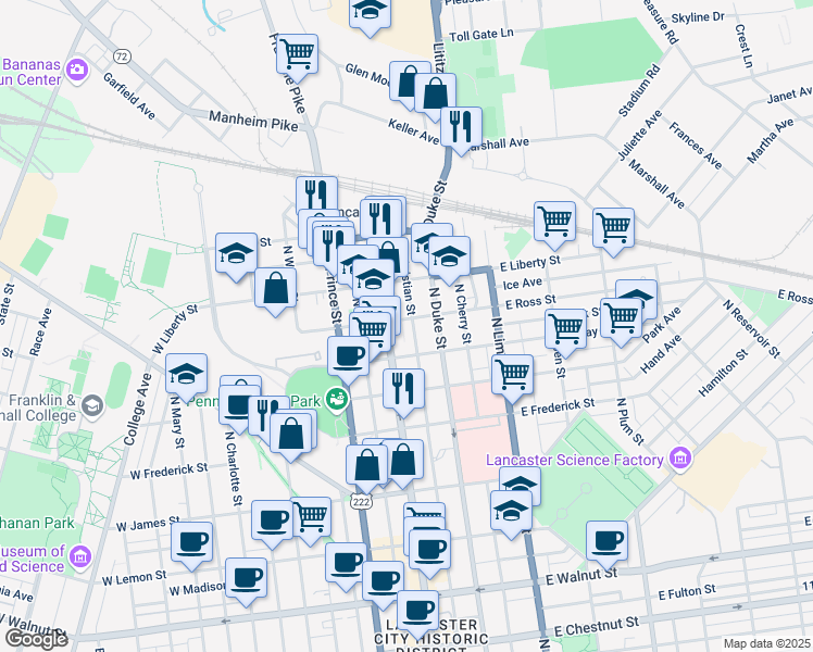 map of restaurants, bars, coffee shops, grocery stores, and more near 22 East Ross Street in Lancaster