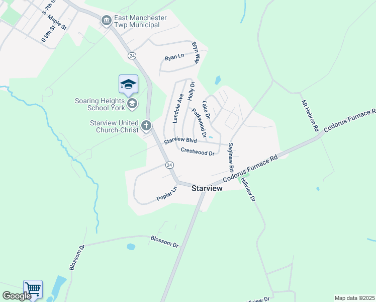 map of restaurants, bars, coffee shops, grocery stores, and more near 167 Crestwood Drive in Mount Wolf
