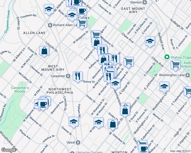 map of restaurants, bars, coffee shops, grocery stores, and more near 48 Westview Street in Philadelphia