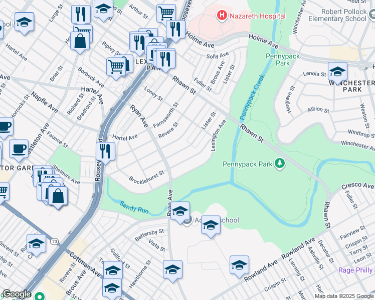 map of restaurants, bars, coffee shops, grocery stores, and more near 7824 Lister Street in Philadelphia
