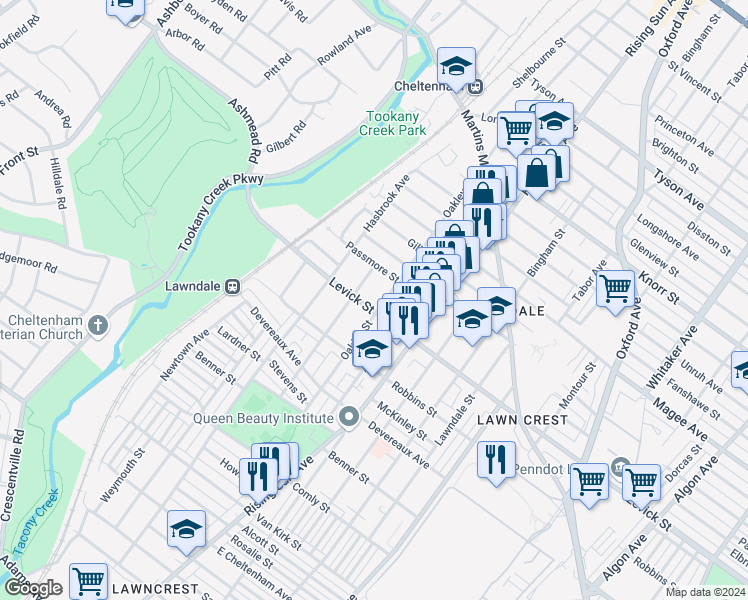 map of restaurants, bars, coffee shops, grocery stores, and more near 6427 Shelbourne Street in Philadelphia