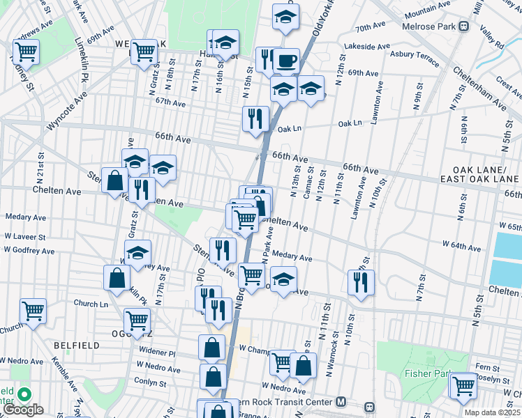 map of restaurants, bars, coffee shops, grocery stores, and more near 6420 North Park Avenue in Philadelphia
