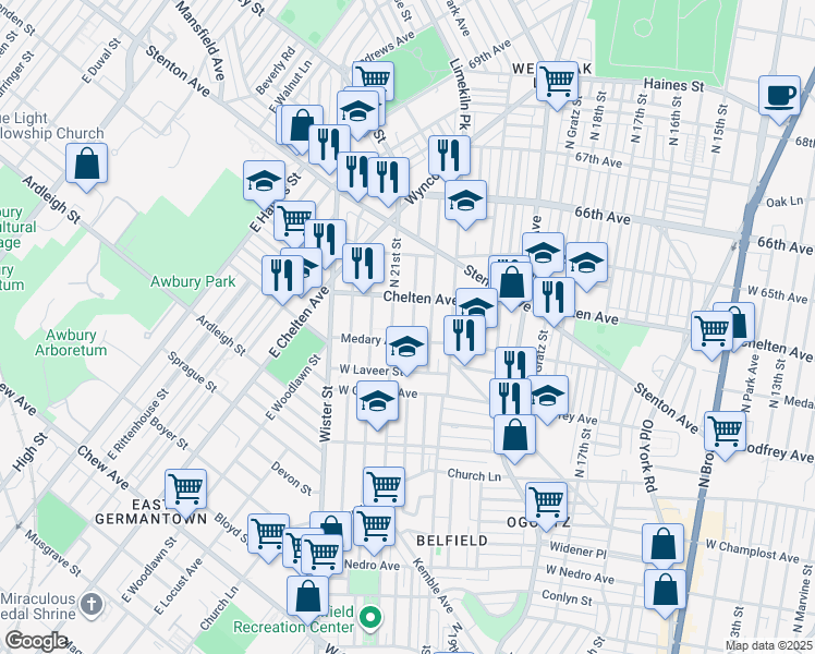 map of restaurants, bars, coffee shops, grocery stores, and more near 2034 East Chelten Avenue in Philadelphia