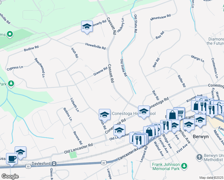map of restaurants, bars, coffee shops, grocery stores, and more near 226 Wooded Way in Berwyn