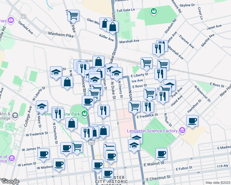 map of restaurants, bars, coffee shops, grocery stores, and more near 902 North Duke Street in Lancaster