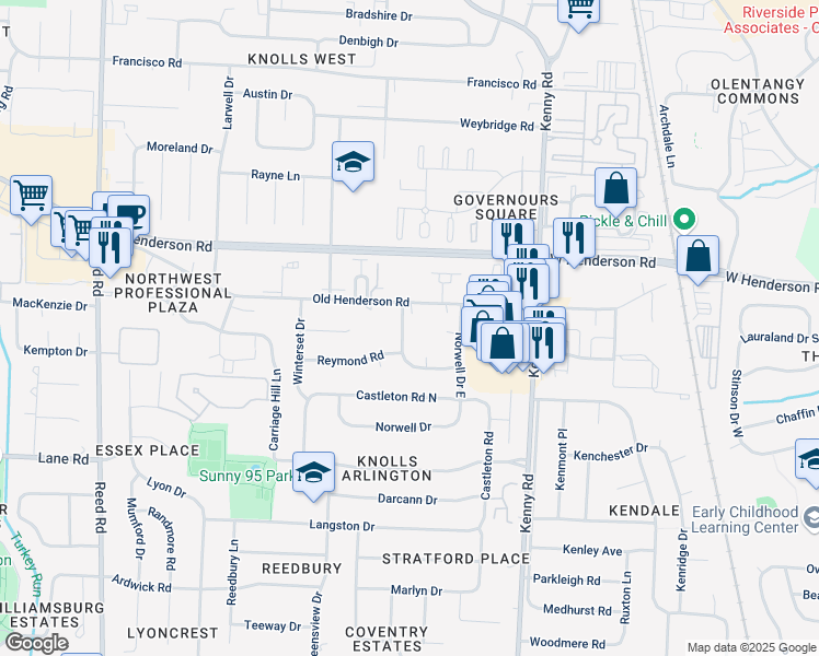 map of restaurants, bars, coffee shops, grocery stores, and more near 1301 Old Henderson Road in Columbus