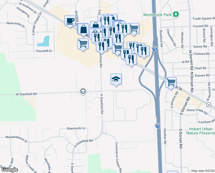 map of restaurants, bars, coffee shops, grocery stores, and more near 65 South Stanfield Road in Troy