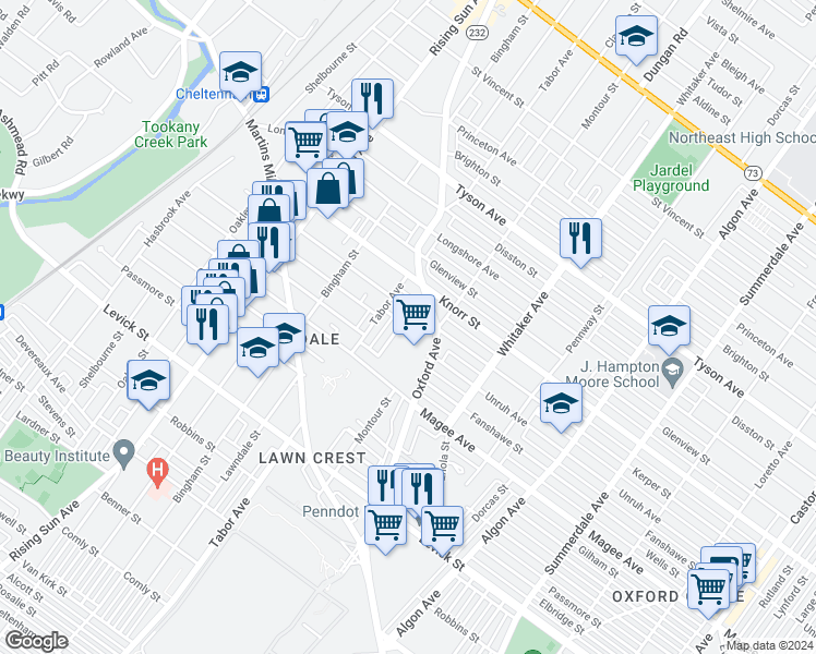 map of restaurants, bars, coffee shops, grocery stores, and more near 6651 Claridge Street in Philadelphia
