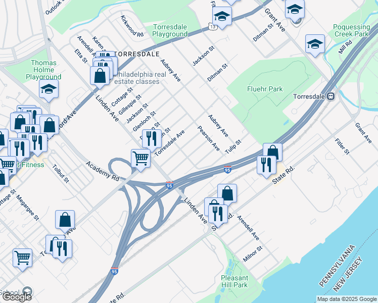 map of restaurants, bars, coffee shops, grocery stores, and more near 9304 Hegerman Street in Philadelphia