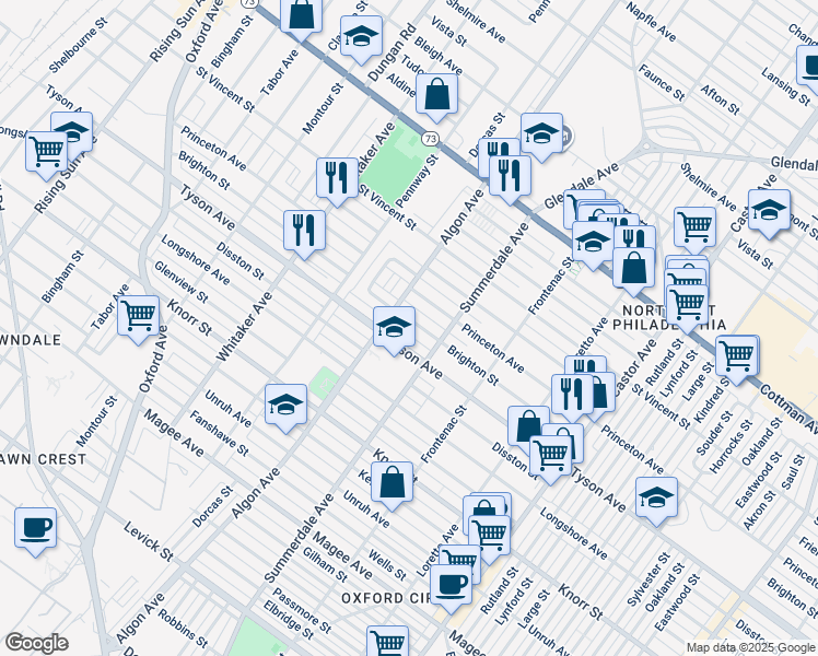 map of restaurants, bars, coffee shops, grocery stores, and more near 1116 Brighton Street in Philadelphia