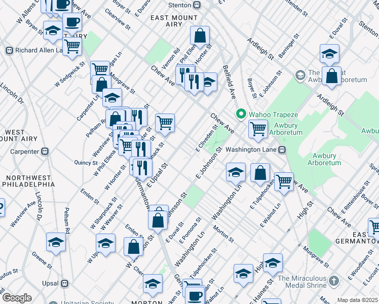 map of restaurants, bars, coffee shops, grocery stores, and more near 6463 Ross Street in Philadelphia