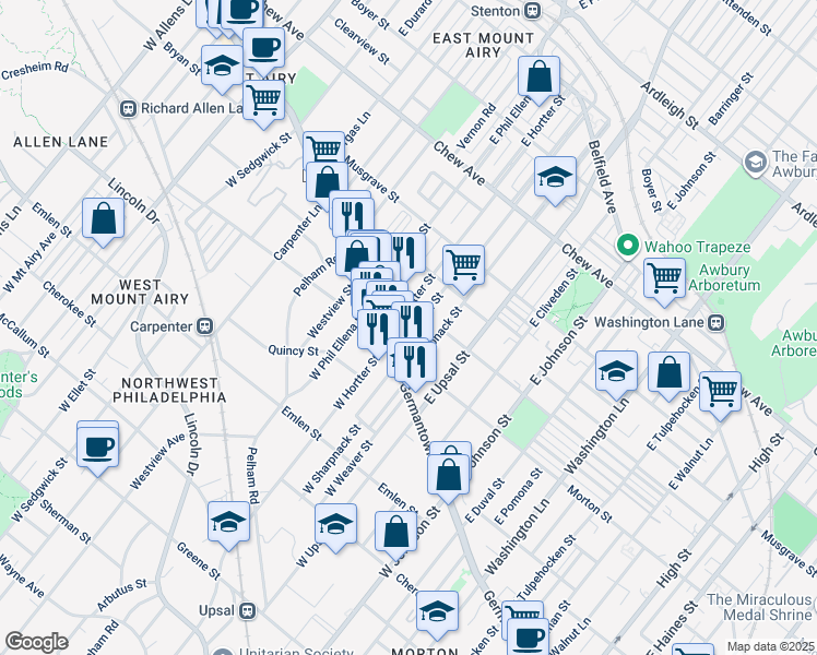 map of restaurants, bars, coffee shops, grocery stores, and more near East Montana Street in Philadelphia