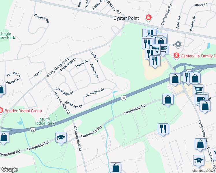 map of restaurants, bars, coffee shops, grocery stores, and more near 3161 Thornapple Drive in Lancaster