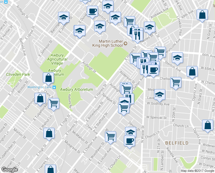 map of restaurants, bars, coffee shops, grocery stores, and more near 1022 East Haines Street in Philadelphia