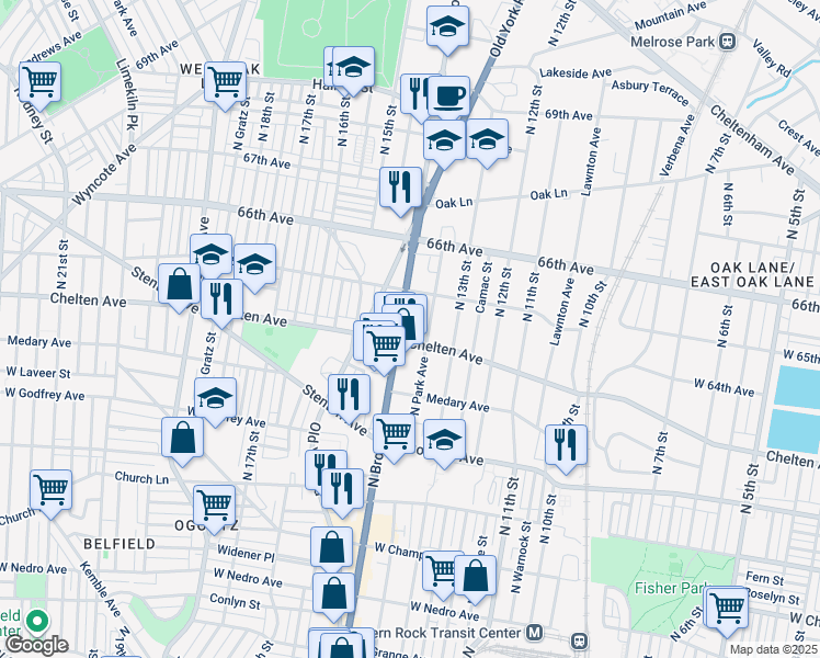 map of restaurants, bars, coffee shops, grocery stores, and more near 6433 North Broad Street in Philadelphia