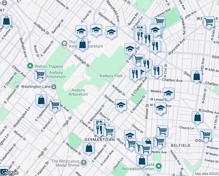 map of restaurants, bars, coffee shops, grocery stores, and more near 1022 East Haines Street in Philadelphia