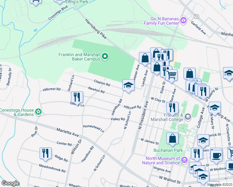 map of restaurants, bars, coffee shops, grocery stores, and more near 1311 Newton Road in Lancaster